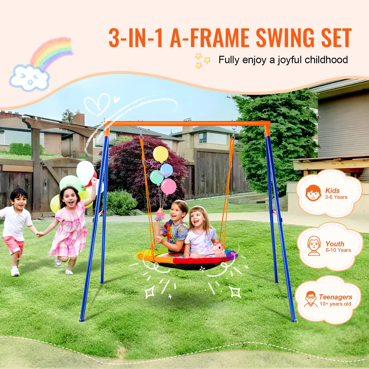 SucceBuy Juegos de columpios para patio trasero Juego de columpios de 600 libras de capacidad con 1 asiento de columpio de platillo 2 asientos de columpio de cinturón Columpio al aire libre para niños