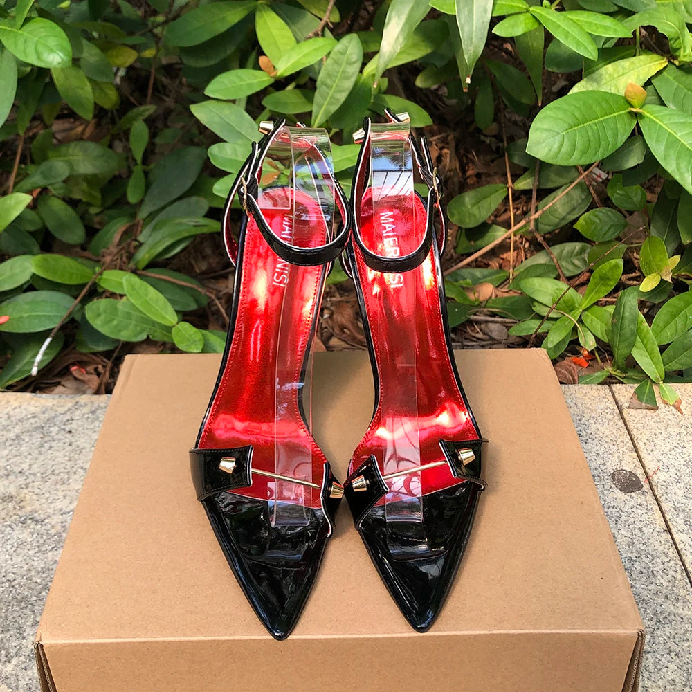 Zapatos de tacón de aguja para mujer, tacones altos de Metal de 12cm, sandalias sexis con correa en el tobillo y punta puntiaguda, modelo fetiche SM Man Drag Queen, zapatos Unisex