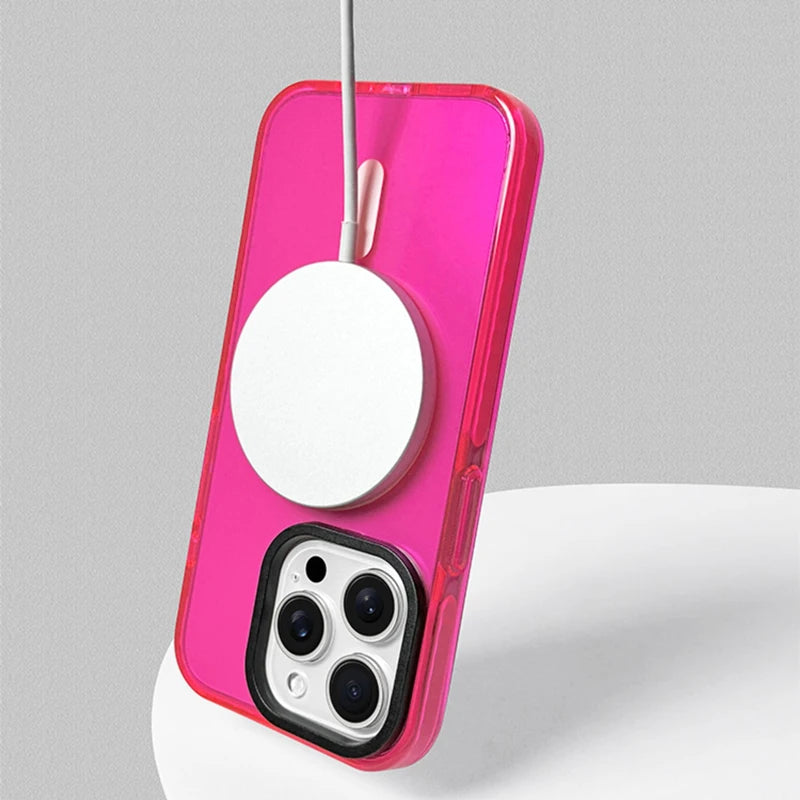 Funda Transparente de Silicona Suave con Carga Inalámbrica MagSafe en Colores Neón para iPhone 17, 17 Pro Max, 15, 16 Pro, 13, 14, 12