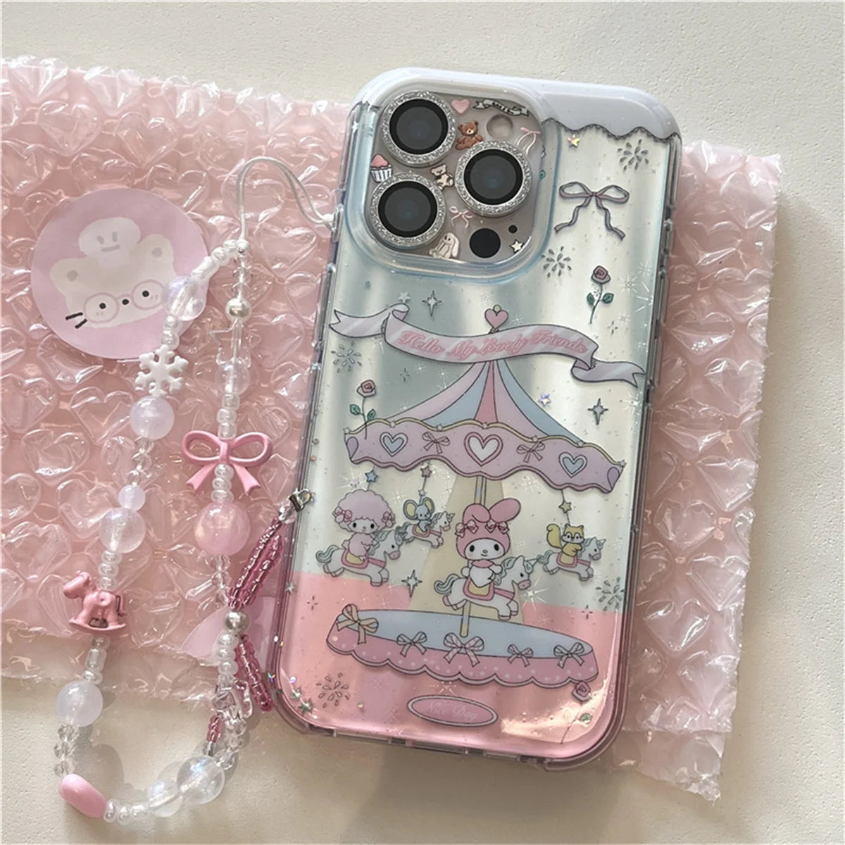 Funda de teléfono Kawaii carrusel Melody Bow para iPhone 16 Pro 15 14 Pro Max, funda con correa de cadena de mano, fundas bonitas a prueba de golpes