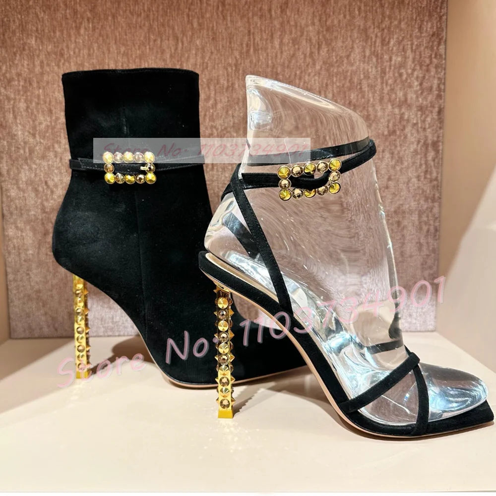 Sandalias de tacón de Metal con remaches para mujer, zapatos de tacón de aguja con hebilla de cinturón, punta cuadrada, correa en el tobillo, sandalias elegantes de fiesta de lujo Sexy