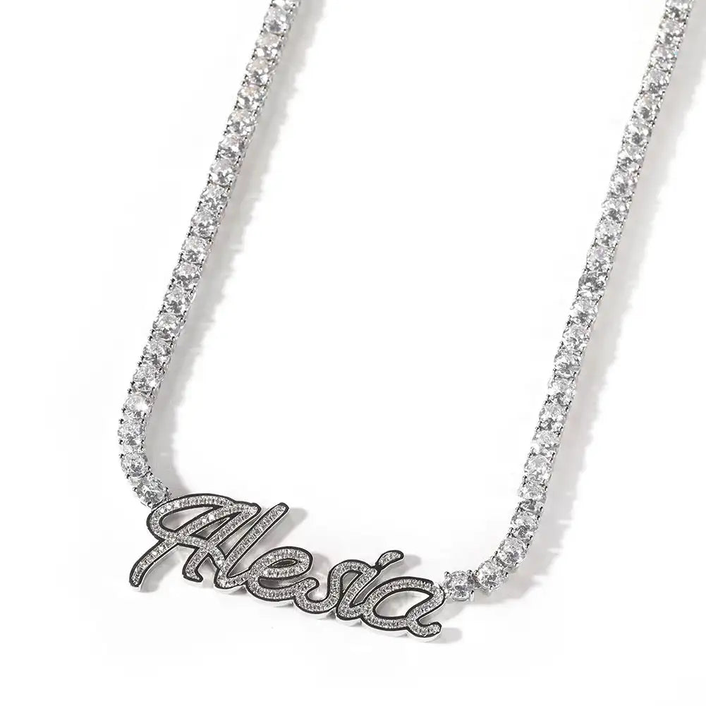 DUOYING, collar con placa con nombre de seda personalizado con cadena de tenis, collar con letras de contorno pavimentado personalizado para mujer, collar con nombre