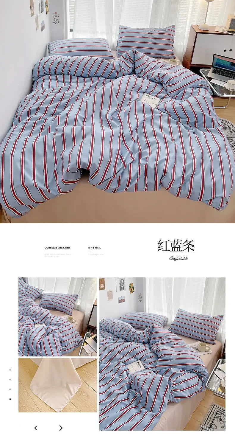 Juego de sábanas de cuatro piezas con funda nórdica de rayas rojas y azules simples con ropa de cama de algodón lavada en la cama