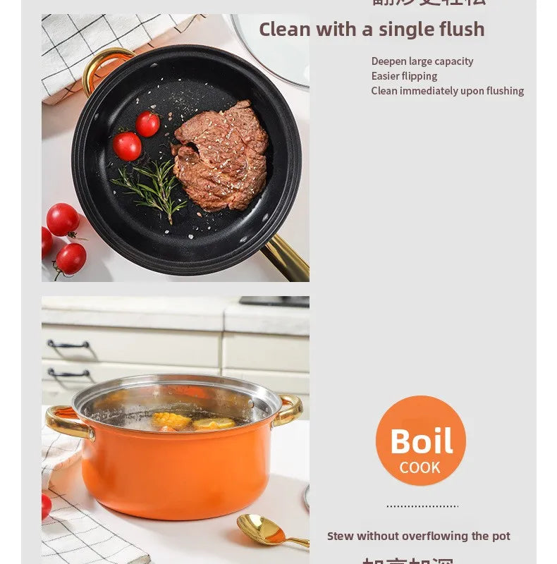 Juego de Ollas de Acero Inoxidable de 12 Piezas, Olla para Sopa, Sartén Antiadherente, Olla para Leche con Asa Dorada