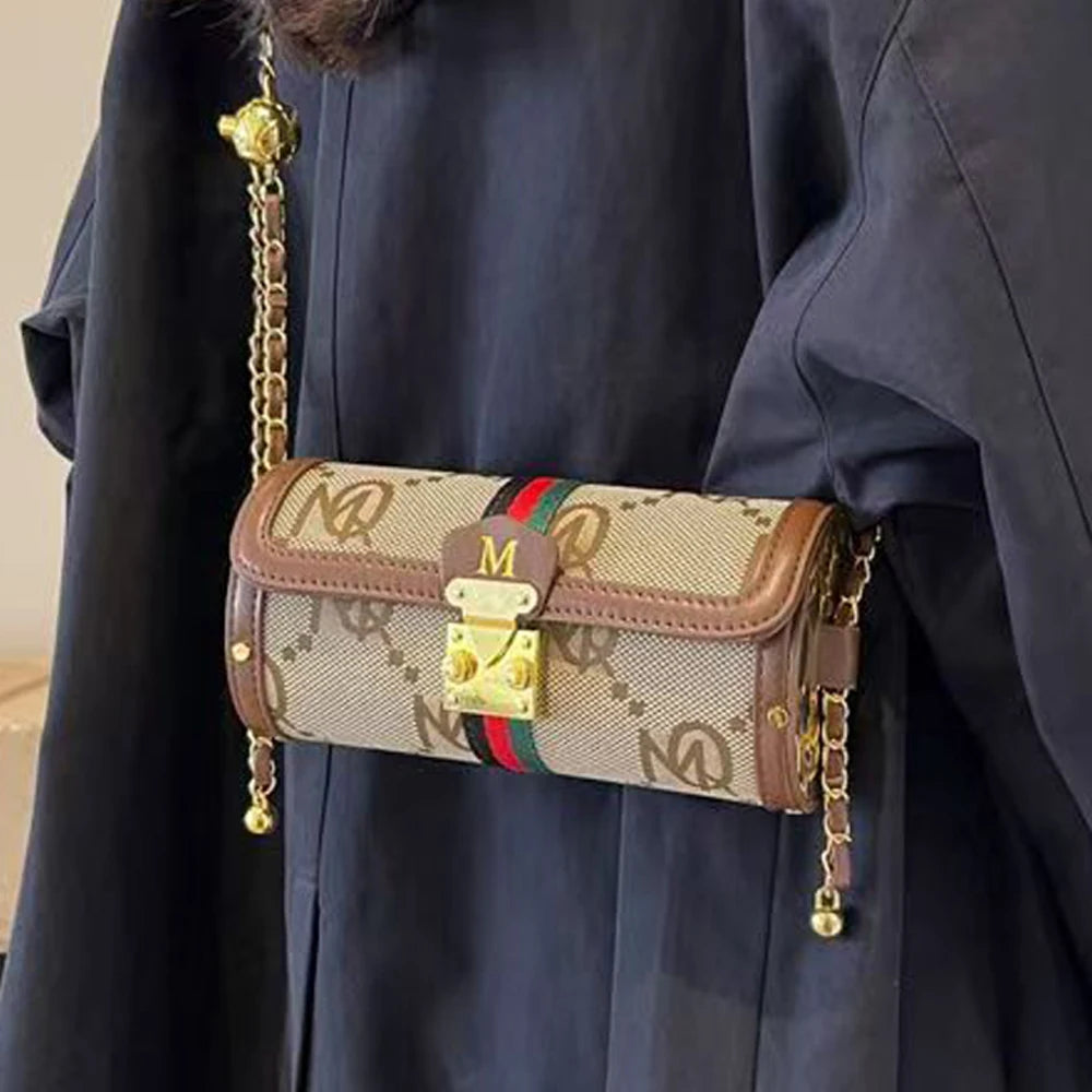 Bolso cilíndrico retro con correa de cadena, bolso de mujer, bolso versátil de hombro y bandolera, bolso mensajero