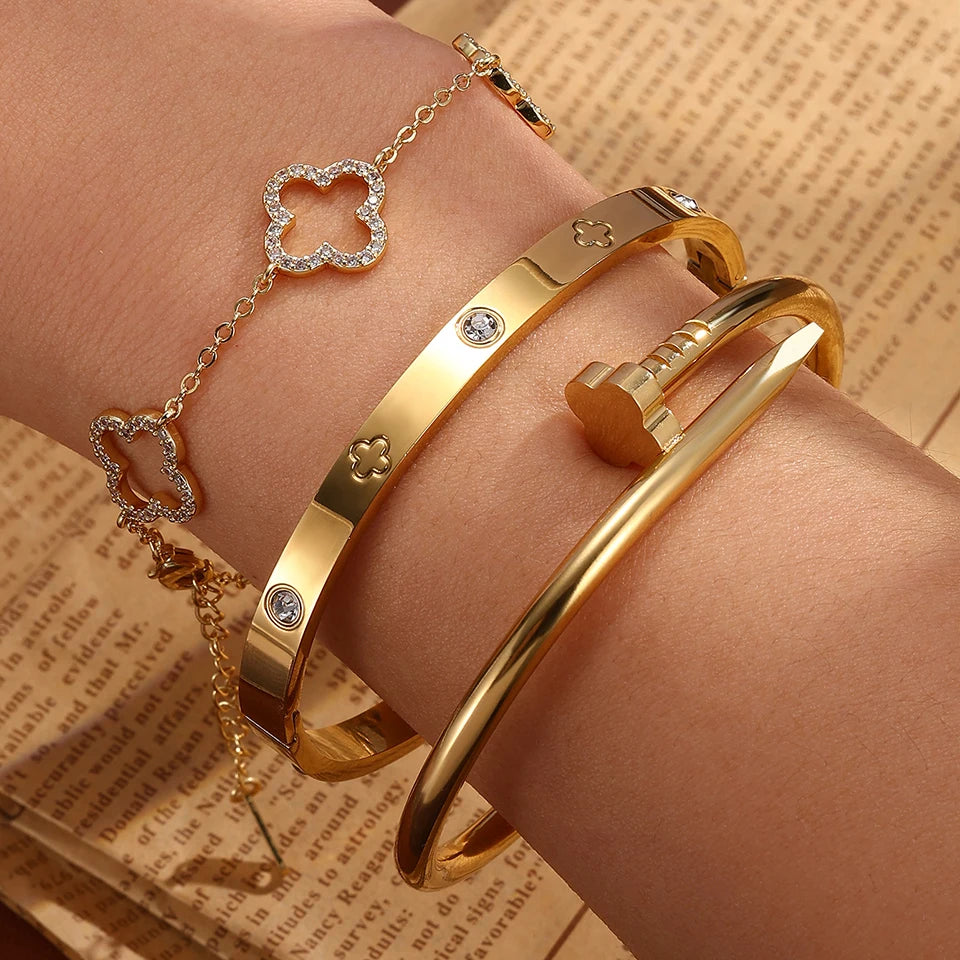 Pulsera de Acero Inoxidable Chapada en Oro con Cuatro Flores Apiladas, Brazaletes Brillantes con Circonita, Regalo de Joyería para Parejas