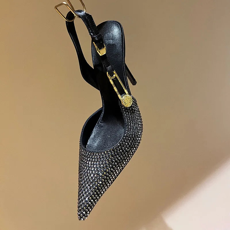 Zapatos de tacón de lujo con hebilla de lentejuelas y diamantes de imitación para mujer, zapatos de tacón alto de aguja con punta estrecha, zapatos de moda para primavera y verano