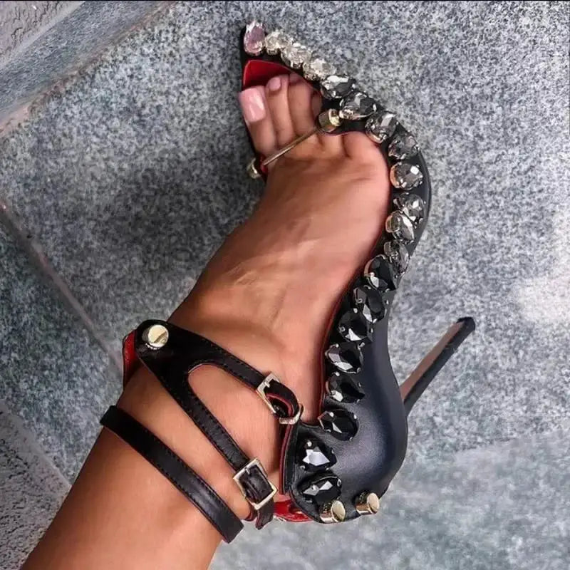 Zapatos de Tacón Alto con Decoración de Cristal y Metal para Mujer, Sandalias de Diseñador de Lujo para Clubes Nocturnos y Banquetes, 2026