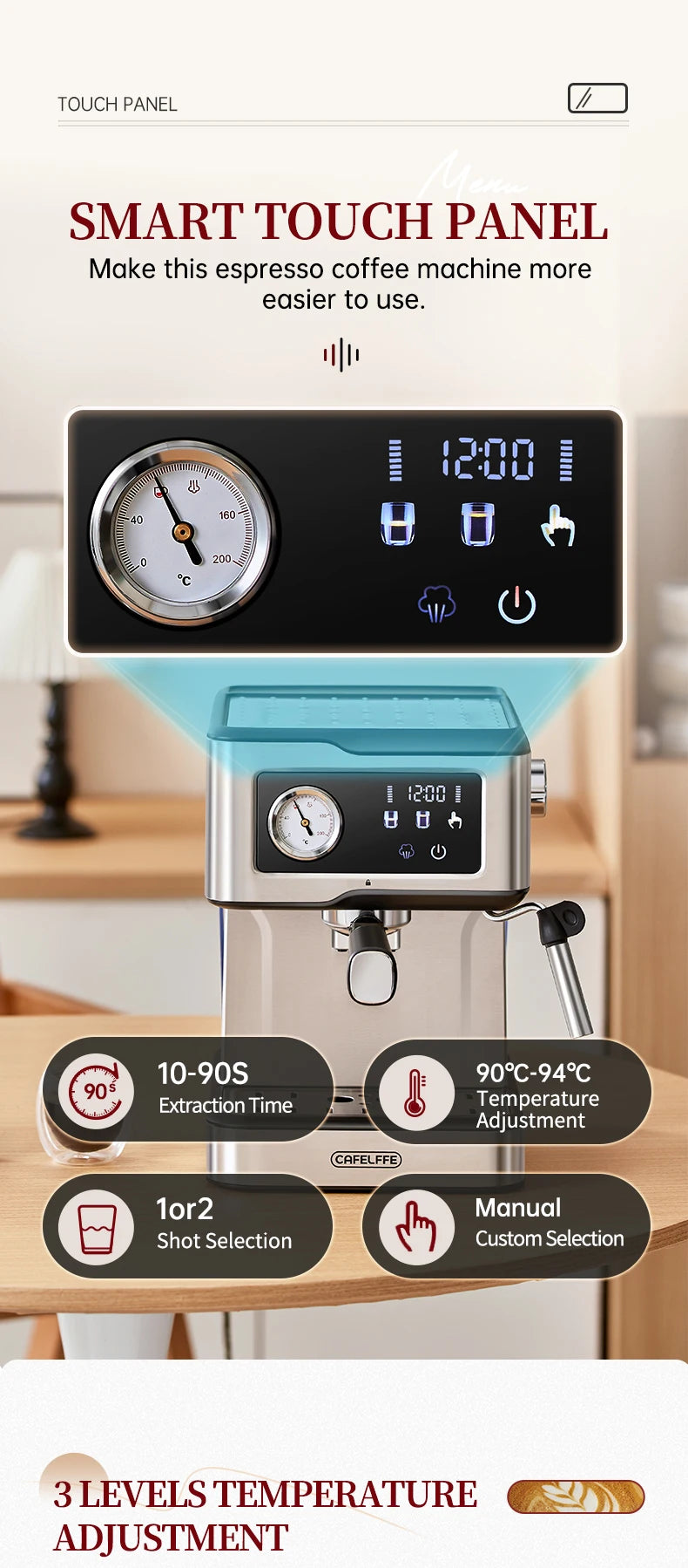 Cafetera Espresso Cafelffe de Acero Inoxidable con Vaporizador de Leche, Semiautomática, para Cappuccino, 20 Bares