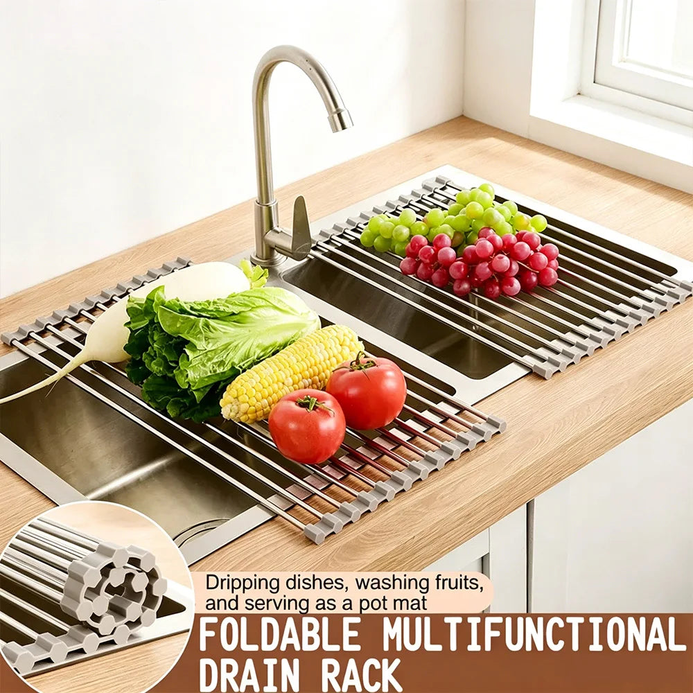 Escurridor de Platos Plegable de Acero Inoxidable, Ahorra Espacio, Organizador de Almacenamiento para Secar Platos, Frutas y Verduras en la Cocina