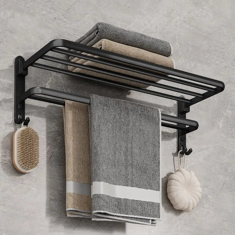 Soporte plegable negro mate de 50cm con gancho, soporte para toallas de pared, soporte para toallas de aluminio