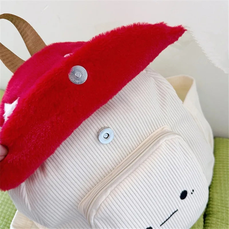 Mochila Kawaii de felpa con forma de seta para mujer, bolso de mano bonito con correas ajustables, cierre de cremallera, mochilas de estudiante de pana roja/blanca