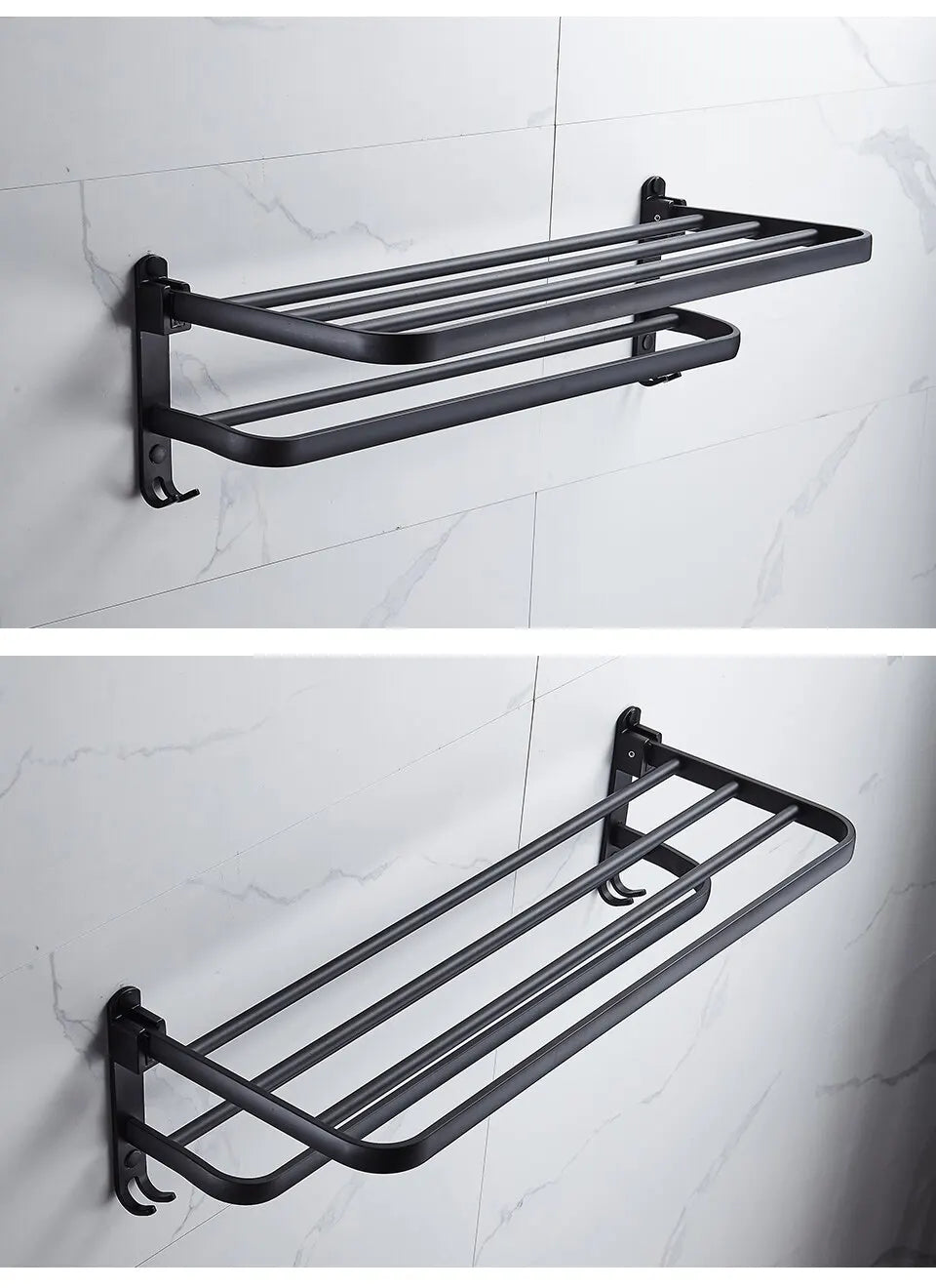 Soporte plegable negro mate de 50cm con gancho, soporte para toallas de pared, soporte para toallas de aluminio