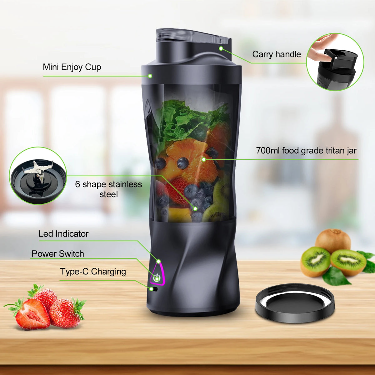 Exprimidor eléctrico portátil, mezclador de frutas frescas, 700ML, multifuncional, recargable por USB, batidos, licuadora, taza mezcladora para exteriores