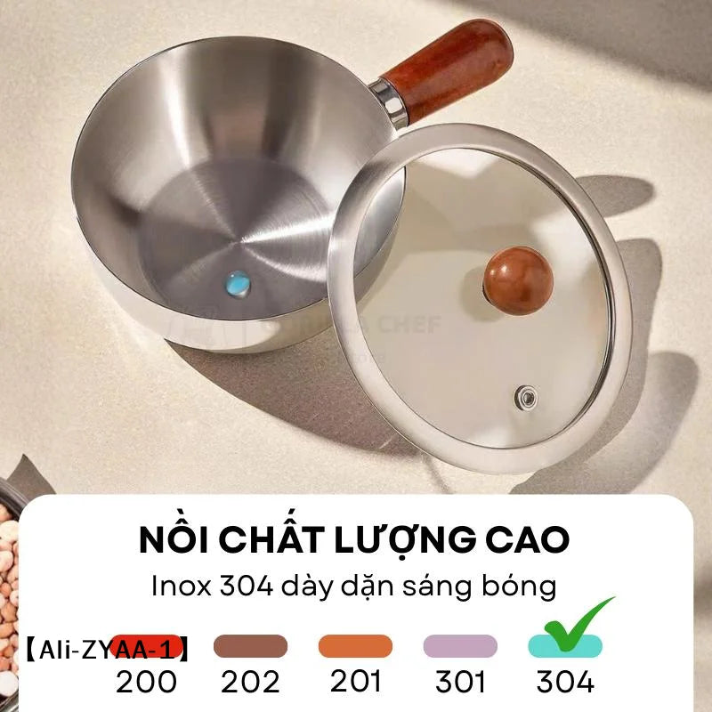 【A】Sartenes de cocina de acero inoxidable de 17 cm/14 cm con mango de madera y tapa de vidrio - Ollas pequeñas multiusos para fideos y huevos