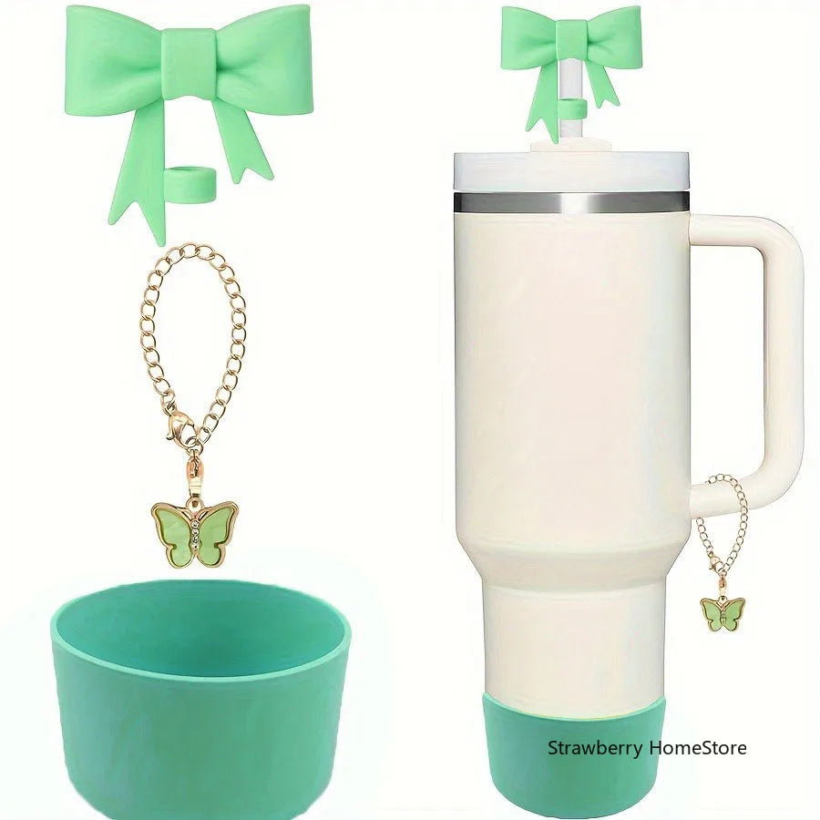 Juego de 3 Cubiertas de Silicona para Vasos con Diseño de Lazo y Cadena de Mariposa Rosa, Accesorios para Vasos de 30/40 oz ﻿