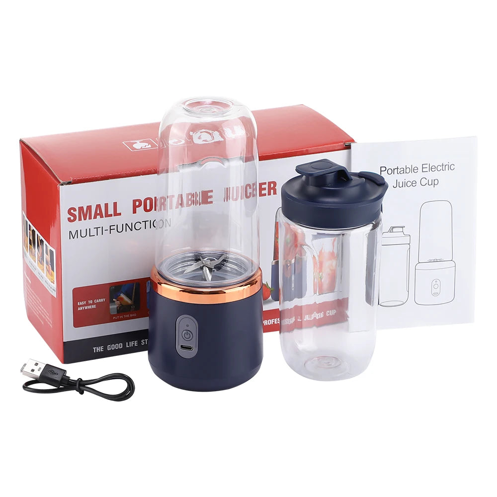 Licuadora Eléctrica Portátil de 400 ml, 2 Tazas, Mini Licuadora Multifuncional Inalámbrica para el Hogar, Recargable por USB, Vaso Mezclador Pequeño