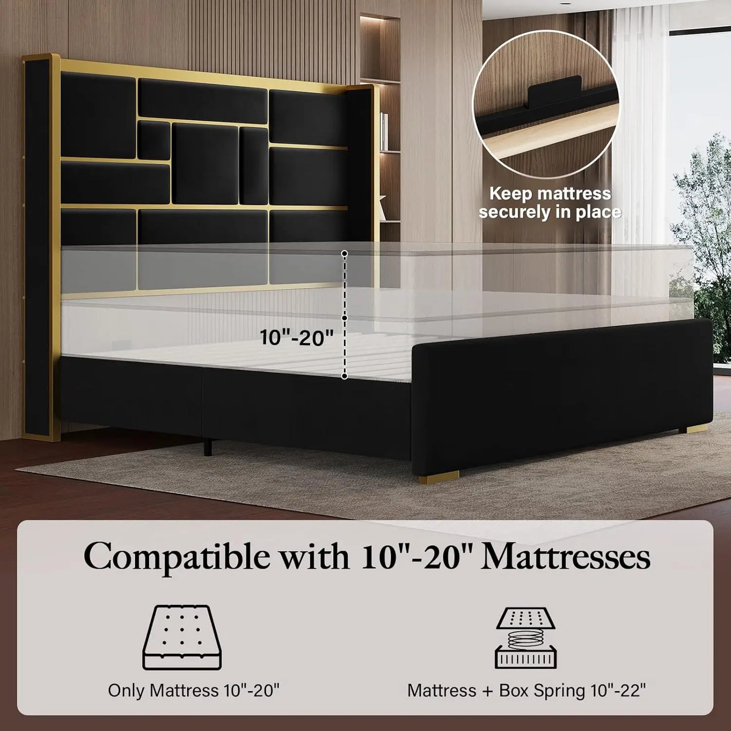 Base de Cama con Cabecera de 55.12 Pulgadas de Alto, Cama de Plataforma Moderna y Lujosa Tapizada en Terciopelo con Detalles en Dorado, Cabecero Ancho, Personalizable