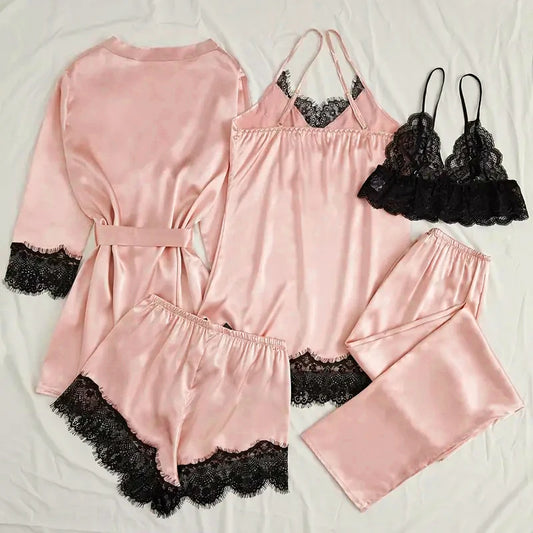 Conjunto de pijama de satén para mujer, lencería Sexy rosa, bata de baño de encaje de retazos, vestido de noche de seda, pantalones, ropa de dormir para el hogar