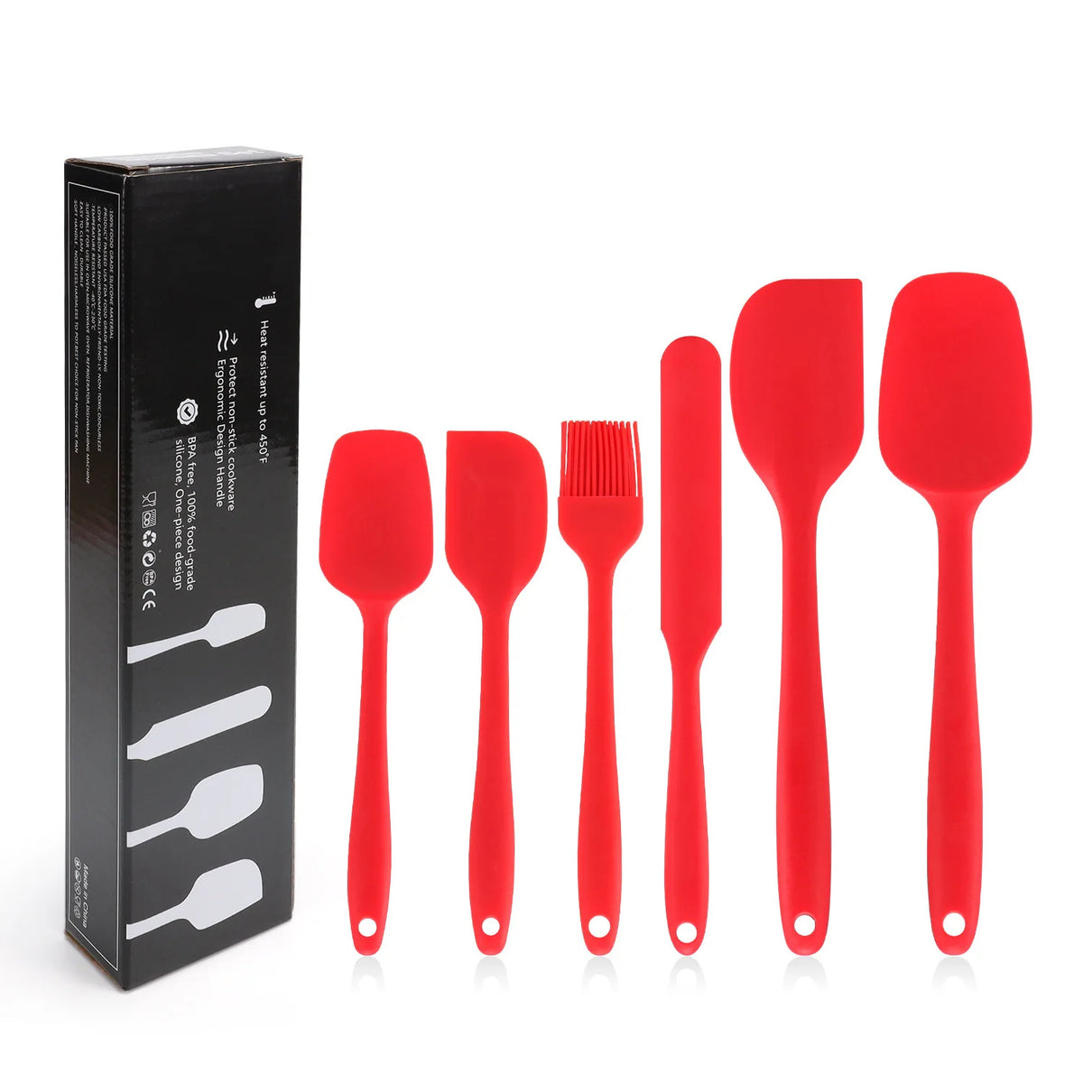 Juego de utensilios de cocina de silicona de 6 piezas, espátula integrada color crema, cepillo para aceite, juego de espátulas de diferentes tamaños