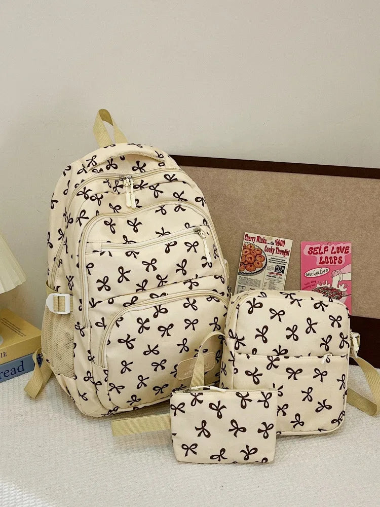 Juego de 3 Bolsas Escolares con Lazo, Mochila de Gran Capacidad, Mochila Casual de Viaje, Mochila Versátil, Bolsa Cruzada, Bolsas para Niñas