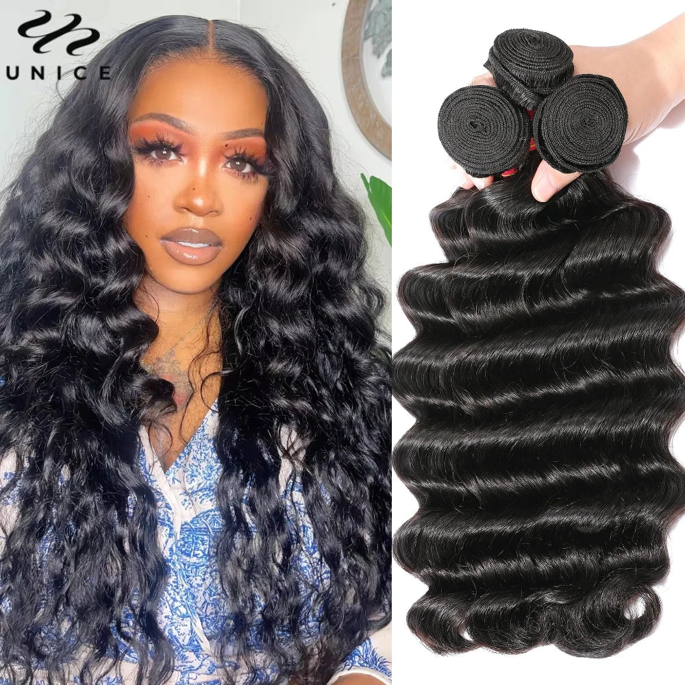 Extensiones de Cabello Natural Unice Hair, Ondulado Profundo, 1/3/4 Piezas, Color Natural, 100% Cabello Humano, Extensiones para Coser, Tejidos Rápidos