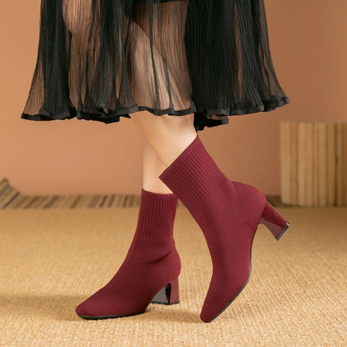 Botas de mujer 2025 nueva moda zapatos cómodos informales de punto suave puntiagudo (alto del tacón 4,5 cm),