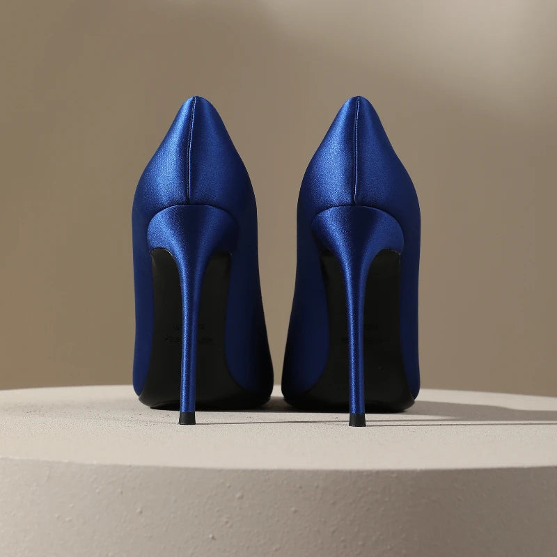 Zapatos de tacón de seda estilo socialité, tacones delgados para mujer, sexy con punta abierta, azules para vestido formal, zapatos individuales de temperamento francés