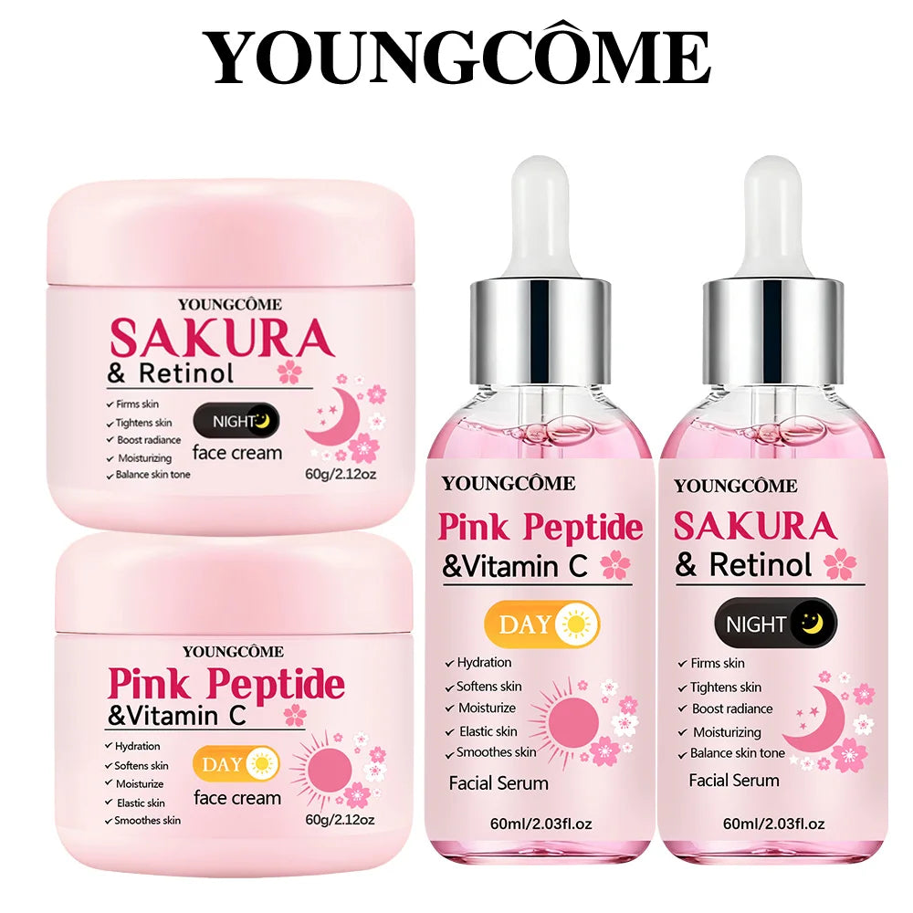 Set de cuidado de la piel día y noche de 4 piezas: crema de día con vitamina C con péptido rosa + crema de noche con retinol Sakura y esencia para hidratación, firmeza