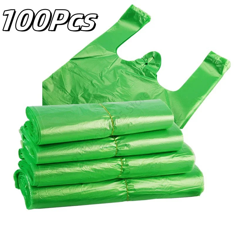 Bolsa de plástico verde de 100 Uds., bolsa de chaleco desechable con asa para cocina, sala de estar, embalaje de alimentos limpios, bolsa de compras para supermercado