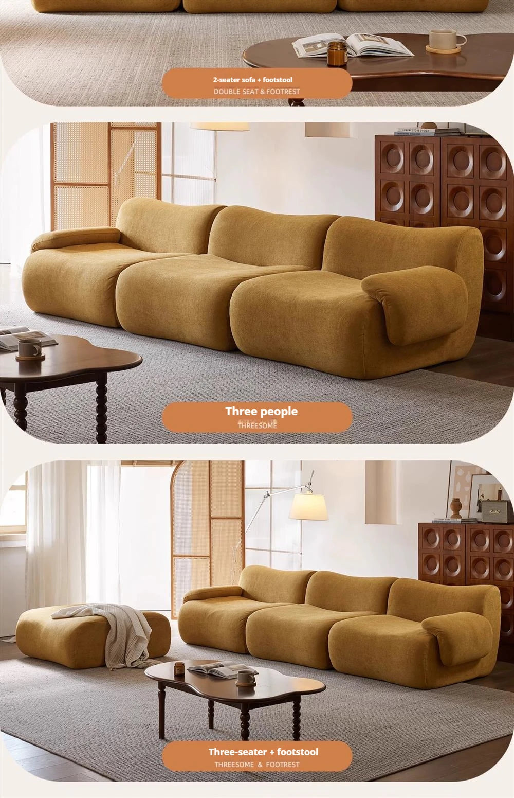 Sofá modular comprimido al vacío, seccional de tela Wabi-Sabi Sherpa con espuma muy elástica, estilo crema de mediados de siglo, ahorro de espacio