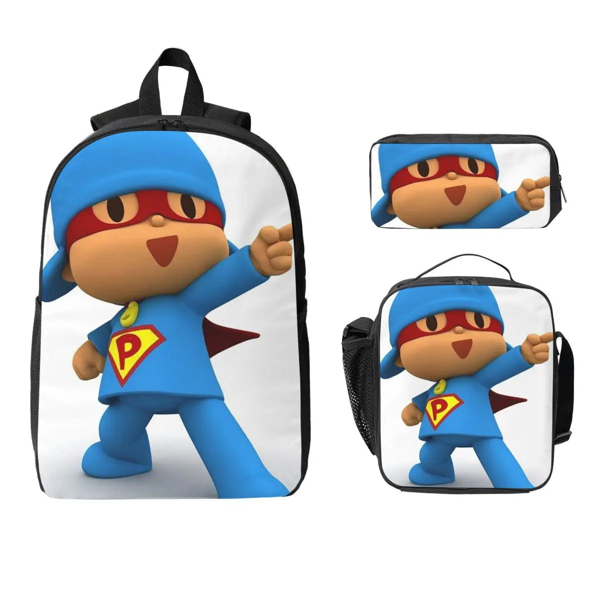 Mochila azul de dibujos animados de Pocoyo para niños, mochila escolar, bolsos de hombro para ordenador, bolsa de almuerzo aislada de 3 piezas, estuche para lápices