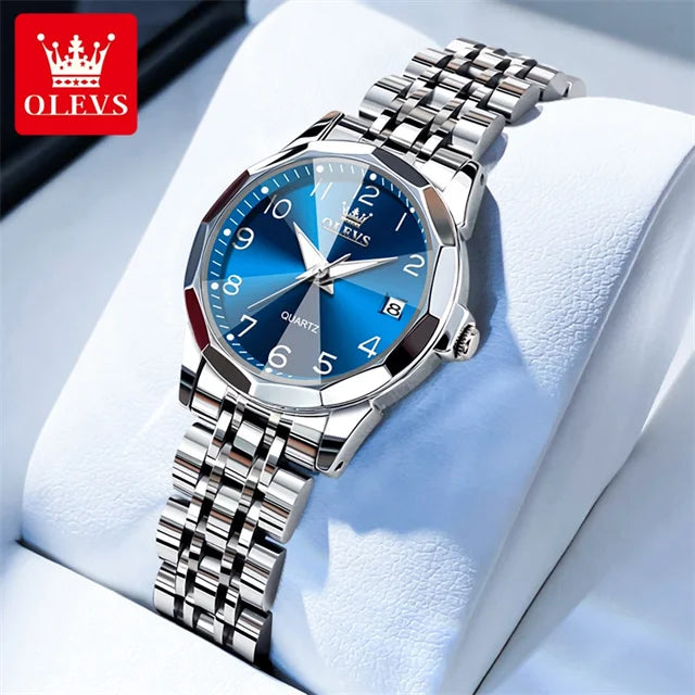 OLEVS 9970 reloj de lujo para parejas, reloj de pulsera con calendario resistente al agua de acero inoxidable para hombres y mujeres, reloj para amantes del espejo con rombos y esfera Digital