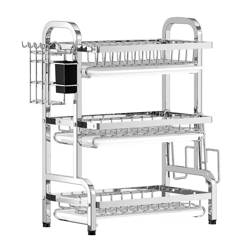 Estante para vajilla de 3 niveles, secado de platos de acero inoxidable 304 con bandeja, soporte de almacenamiento para mostrador de cocina con organizador de tabla de cortar