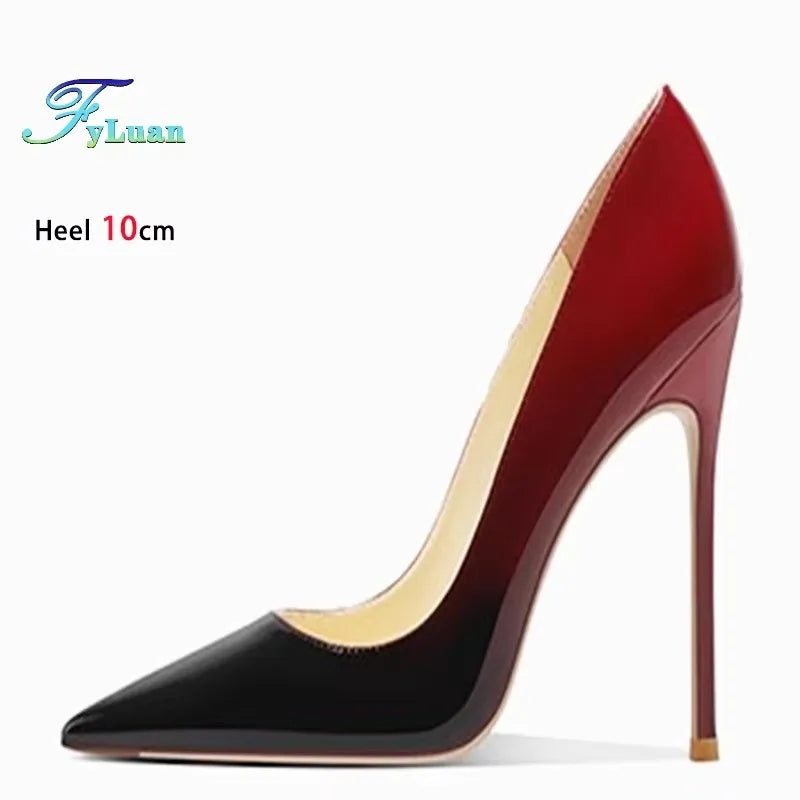 6CM 8CM 10CM 12CM temperamento zapatos individuales señoras negro rojo Color degradado verano puntiagudo charol tacones finos mujeres bombas