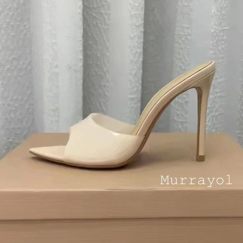 Zapatillas de tacón alto fino transparente de PVC con punta abierta, sandalias de Color sólido con punta estrecha para mujer, zapatos de vestir de fiesta de verano para mujer, zapatos de tacón