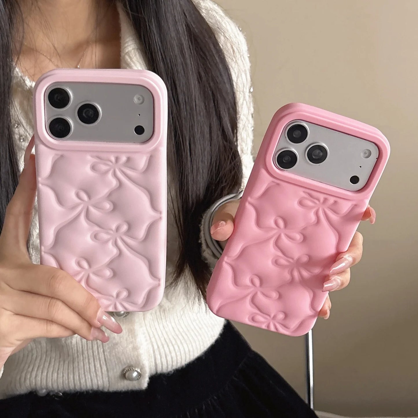 Fundas de Silicona 3D con Lazo para iPhone 13 14 15 16 17 Pro Pro Max Plus, Protectoras, Suaves, Anti-Golpes, Diseño Lindo y Elegante