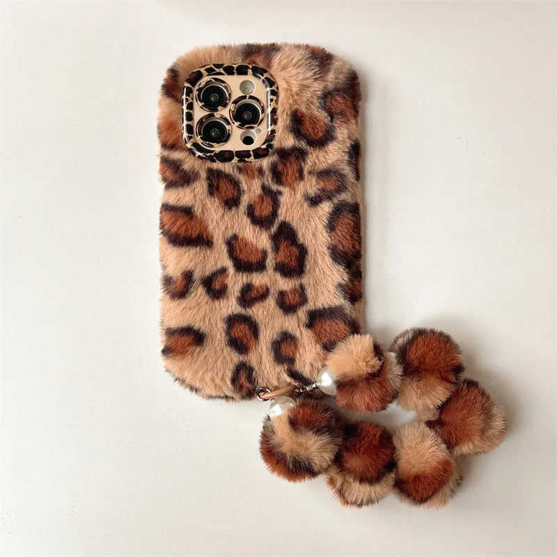 Funda de teléfono con soporte de lente de felpa peluda de leopardo a la moda para iPhone 17Air 15 14 13 12 11 16 Pro Max con cubierta a prueba de golpes con cadena para la muñeca