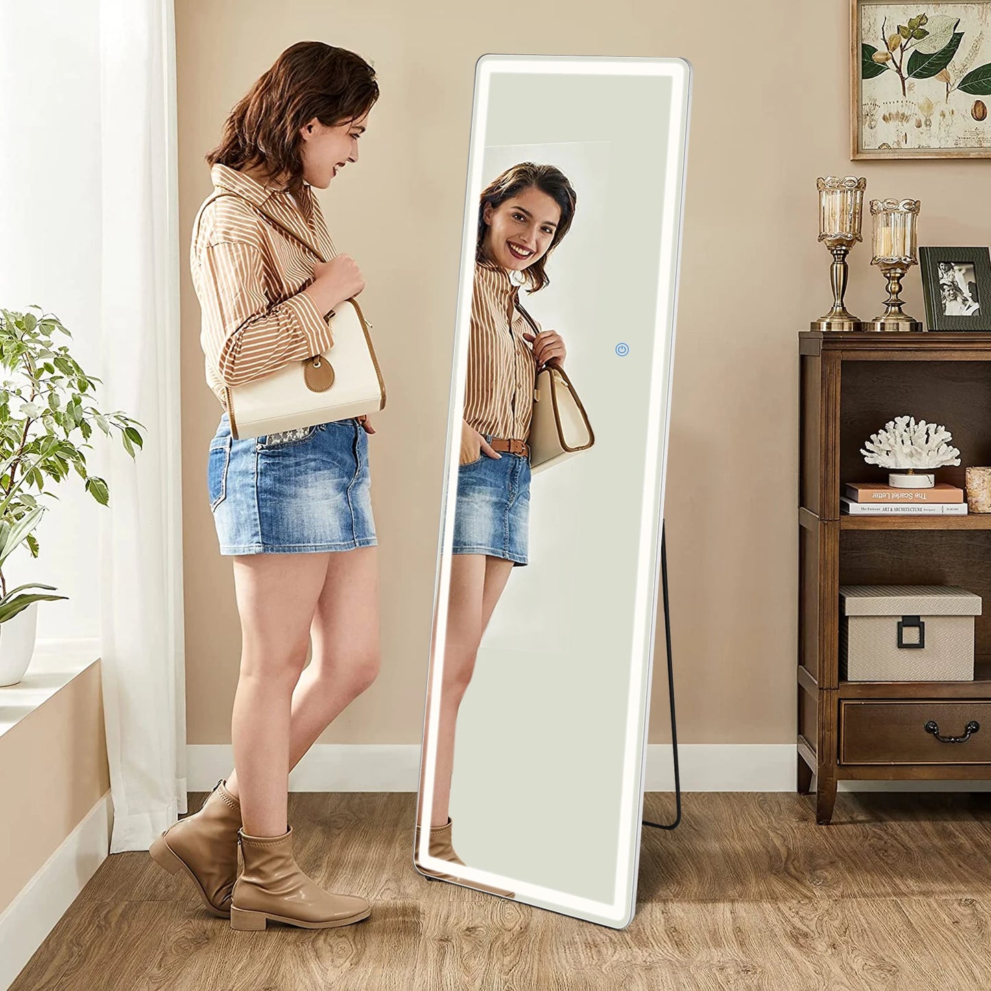 Espejos JHK con luces LED de longitud completa de 64"x21", espejos de pie o para colgar en la pared con soporte, marco de aleación de aluminio para el hogar