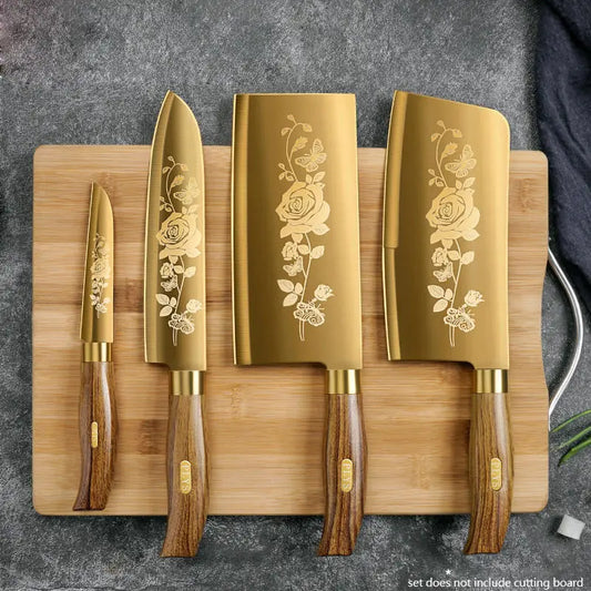 Juego de Cuchillos de Cocina de 4 Piezas con Diseño de Rosa Dorada, Cuchillo de Chef de Acero Inoxidable de Lujo para Cocinar, Herramientas de Cocina Profesionales Afiladas