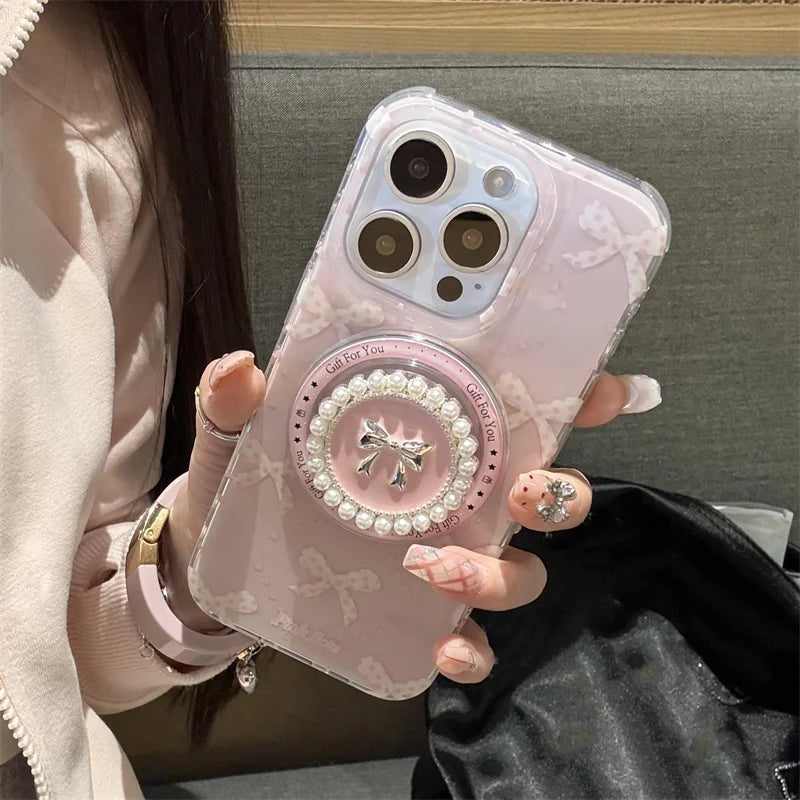 Preciosa funda de teléfono magnética para iPhone 16 Pro 15 14 13 Pro Max 15Pro, funda con soporte de lazo de perlas, fundas a prueba de golpes para Magsafe