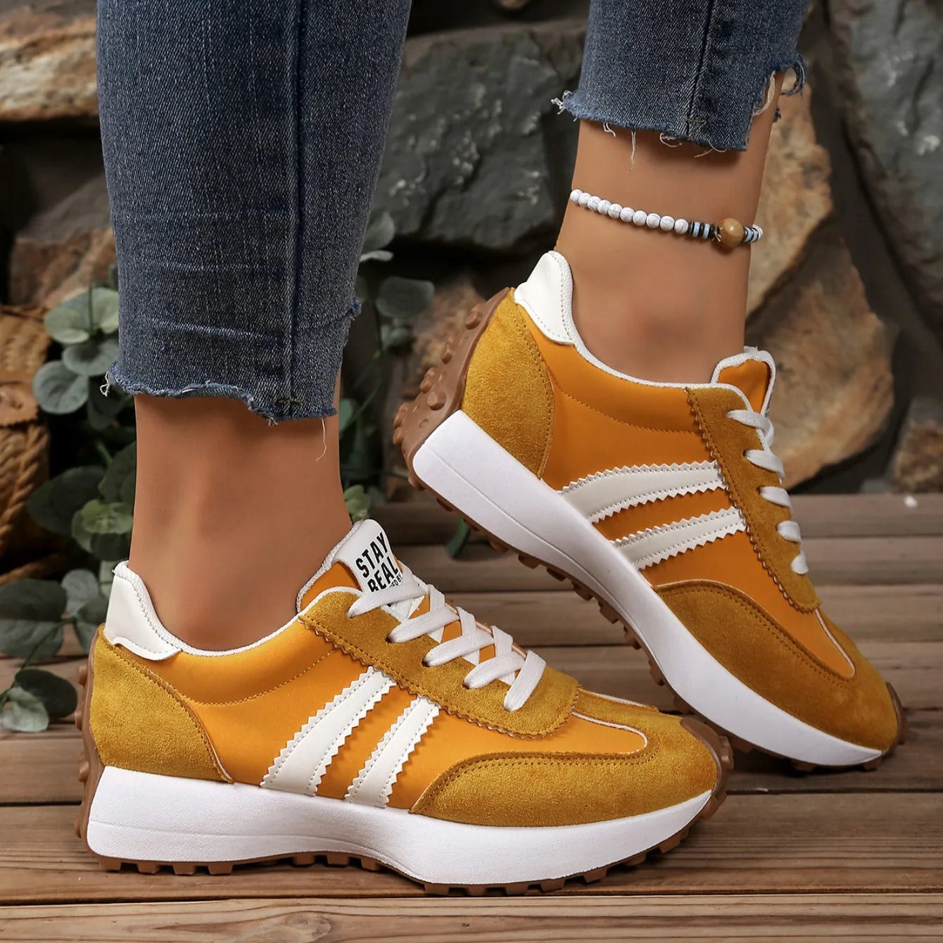 Zapatillas de deporte de fondo grueso para mujer, zapatillas de deporte informales de cuero con retales, zapatos cómodos informales para exteriores, primavera 2025