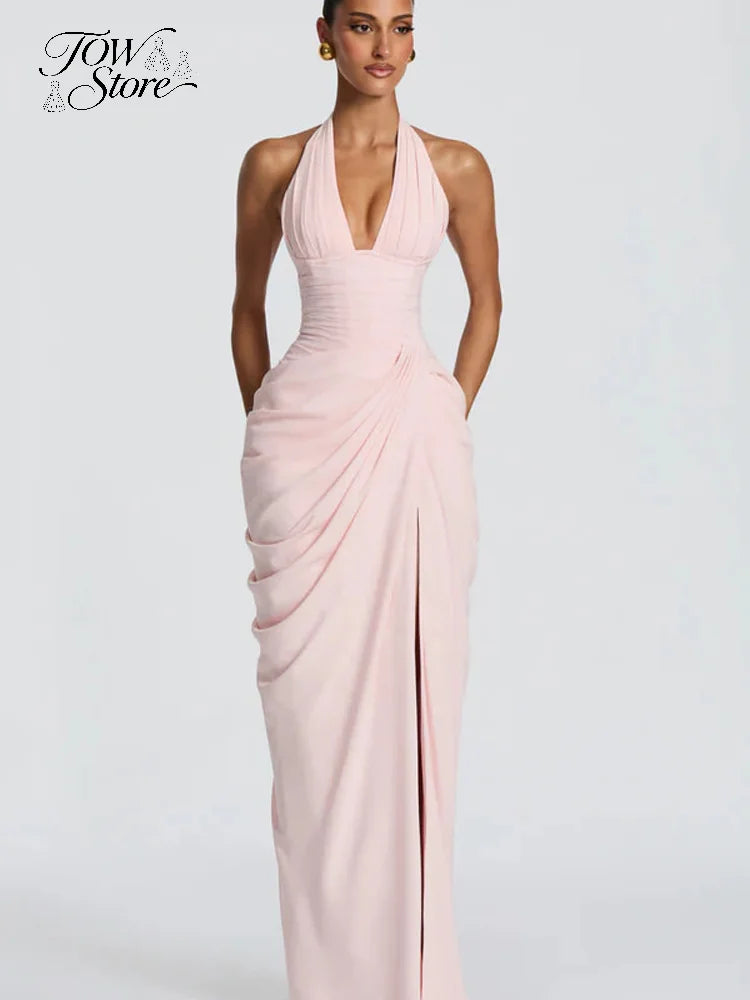 Vestido Maxi Plisado Sólido Sexy con Cuello Halter para Mujer, sin Mangas, sin Espalda, con Cintura Ajustada y Abertura, Vestidos de Fiesta de Verano 2026