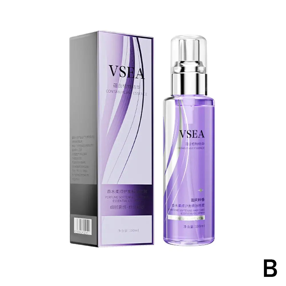 Spray de aceite esencial para el cuidado del cabello de 100 ml para mujeres, anti-frizz, control de encrespamiento, brillo, fragancia, acondicionador sin enjuague.