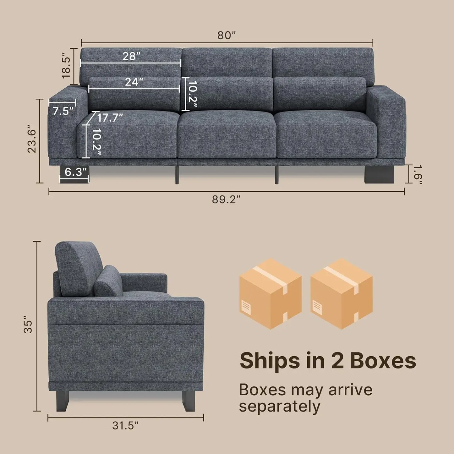 Sofá Moderno de 3 Plazas de 89 Pulgadas, Tapizado en Chenilla, con Reposabrazos Anchos y Cojines Profundos, para Sala de Estar, Dormitorio o Apartamento, Color Gris Oscuro, Personalizable