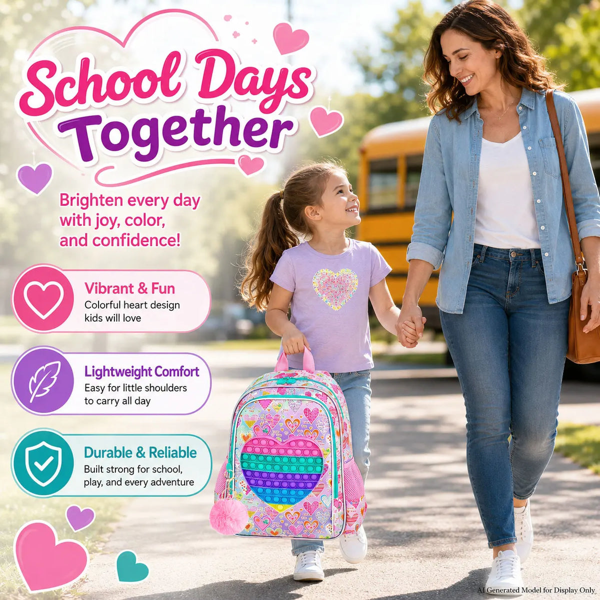 Juego de 3 Piezas de Mochila Pop It Fidget para Niñas con Lonchera, Estuche para Lápices y Llavero con Pompones, Regalo de Útiles Escolares para Niños