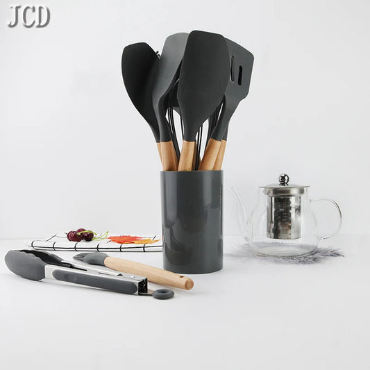 Juego de utensilios de cocina de silicona resistentes a altas temperaturas, pala con mango de madera, cuchara con fugas, herramienta, utensilio de cocina, accesorios para hornear