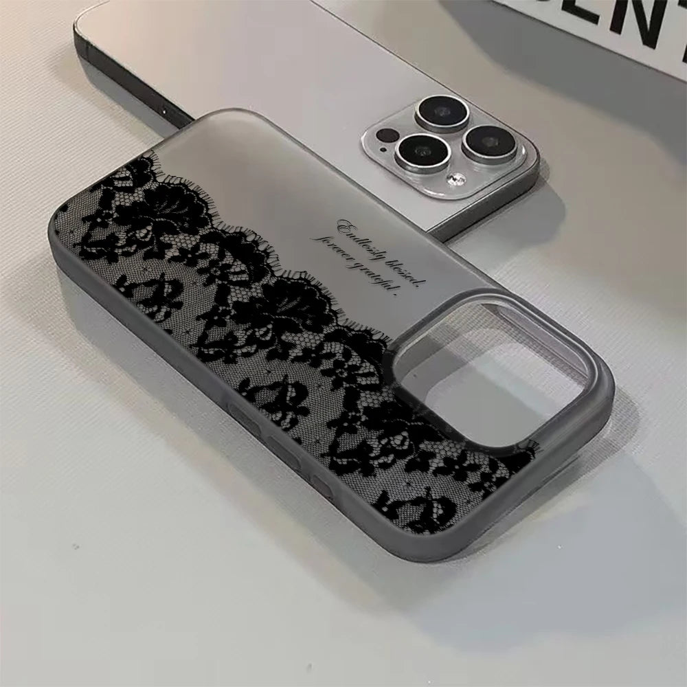 Funda de Teléfono con Letras de Encaje Negro para iPhone 17 16 15 14 13 12 11 Pro Max 13 12 17 Air 16 Plus, Carcasa Transparente Suave Antigolpes
