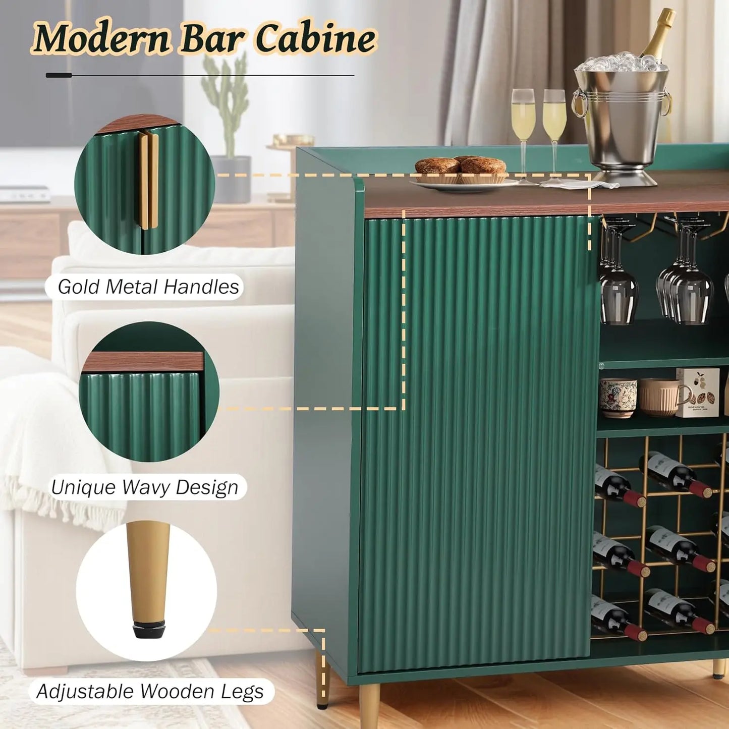 Mueble Bar para Café Verde, Mueble Buffet de 37 Pulgadas con Textura Acanalada, Mueble para Licores con Botelleros para el Hogar, Personalizable
