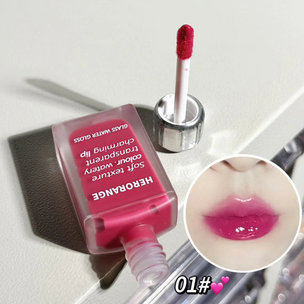 Brillo de agua de vidrio ligeramente, esmalte de labios Herorange, espejo hidratante, labios regordetes, no es fácil de pegar en la taza, maquillaje de larga duración